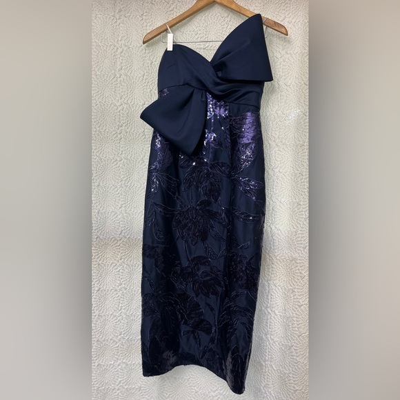 Marchesa Notte Lotus Sequin Midi Dress Size 2 Navy Formal Elegant Party Evening - Picture 15 of 16